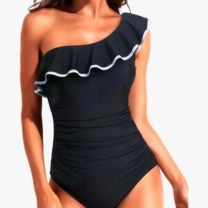 Tempt Me Womens Swimsuit Size Medium One Piece One Shoulder Ruffle Black Medium